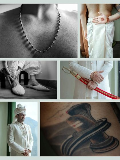A collage of the groom's getting-ready moments. It shows details like his traditional attire, his shiv tattoo, and his final look, telling the story of his preparation.