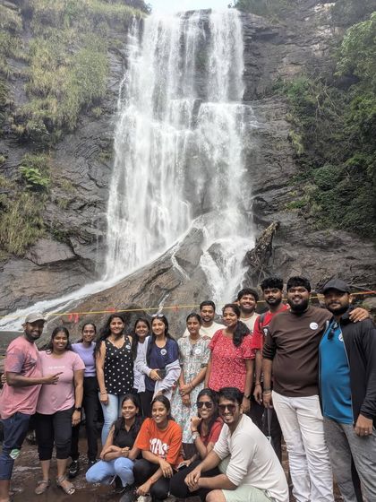 Another happy group photo at Hebbe falls, showcasing the fun atmosphere of our tours.
