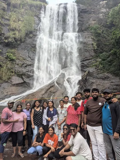 Another happy group photo at Hebbe falls, showcasing the fun atmosphere of our tours.