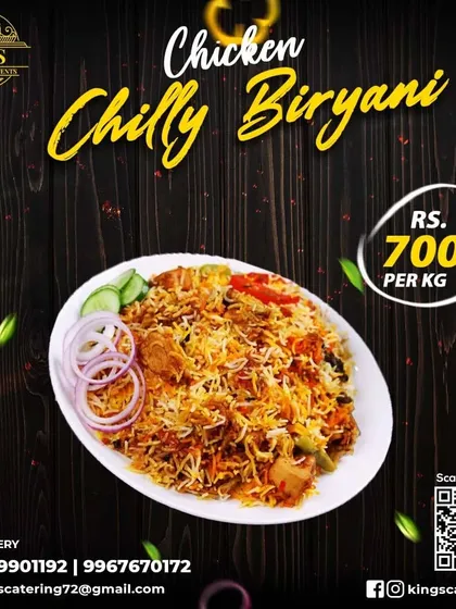 My Chicken Chilly Biryani is for those who like it spicy. It's a fusion dish that combines the flavors of Chinese chilly chicken with traditional biryani. Available for ₹700 per kg.