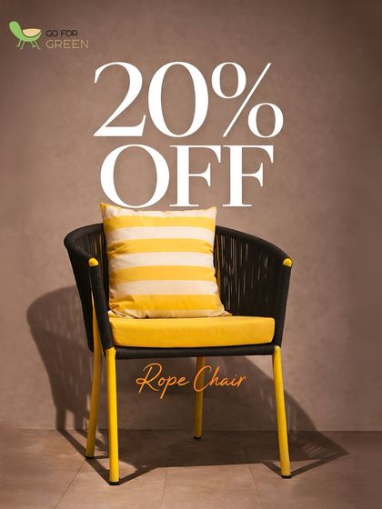 A promotional graphic for our vibrant yellow and black rope chair, highlighting a 20% discount. It's where comfort ties with craftsmanship.