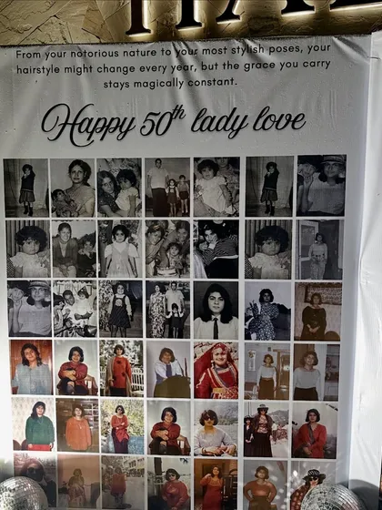 Another personalized photo collage banner, this one featuring cherished black and white photos from childhood, adding a nostalgic and heartwarming element to the 50th birthday celebration.