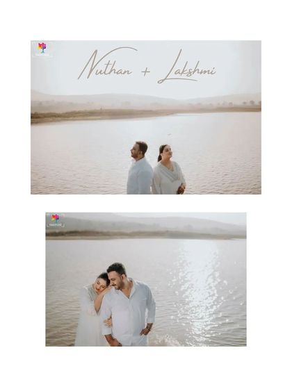 A simple and elegant diptych from a lakeside shoot, capturing both a posed portrait and a candid moment of affection.