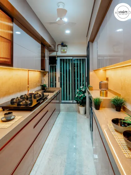 A view of the kitchen set up for cooking, showing the hob and countertop.