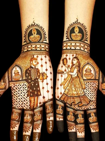 A beautiful symmetrical design for Karwa Chauth, showing the husband and wife on opposite palms. The artwork is framed by diyas, adding to the festive glow.
