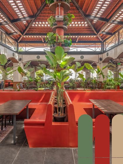 This image highlights the color palette of a restaurant project, with its vibrant red, green, and earthy tones. I believe color is a mood, and here it creates a warm, energetic, and inviting atmosphere.