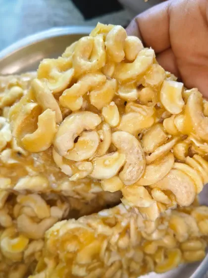 This is my homemade Kaju Chikki, a special customized order. It is made with high-quality cashews, pure jaggery, and a touch of homemade ghee, with absolutely no artificial colors or sugar.