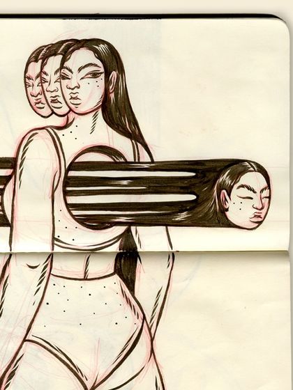 An early ink drawing from my thesis exploration, titled 'Head vs heart.' This sketchbook piece examines the internal conflict and duality within the self, using clean lines and a surreal composition.