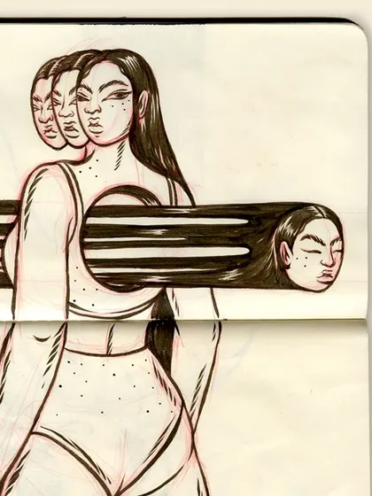 An early ink drawing from my thesis exploration, titled 'Head vs heart.' This sketchbook piece examines the internal conflict and duality within the self, using clean lines and a surreal composition.
