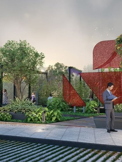 This podium-level park at a Suyug project features bold, rust-colored art installations that serve as focal points. The design provides various seating areas nestled within planters, creating an artistic and serene oasis for residents.