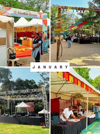 A glimpse into our projects from January. This collage includes the Dastkar Bazaar and other festival setups, starting the year with vibrant and large-scale events.