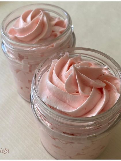 Our whipped bath crème is as decadent as it looks. This one has a lovely pink swirl and a delicious fragrance, but as tempting as it is, it's only for your skin.