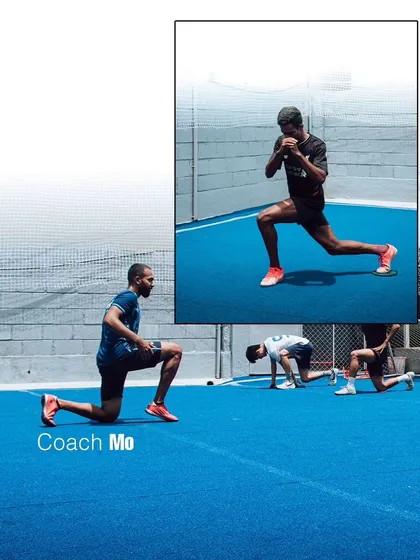 Coach Mo demonstrating a lunge variation. Our coaches lead by example, ensuring athletes understand the correct form and purpose behind each exercise.