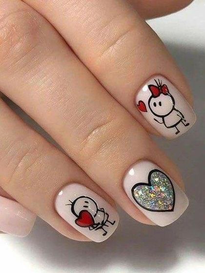 A cute and whimsical Valentine's design with hand-painted cartoon characters holding hearts, paired with a silver glitter accent nail.