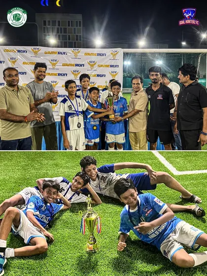 A collage of our U-13 team celebrating their podium finish at the Jr. Gladiator Cup.