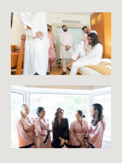 A collage showing the bride and groom getting ready with their respective squads. It captures the fun and excitement of the pre-ceremony preparations.