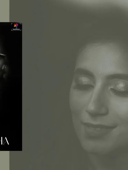 A dramatic black and white portrait of the bride during her makeup session. The focus on her closed eyes and the artist's brush creates a moment of quiet anticipation.