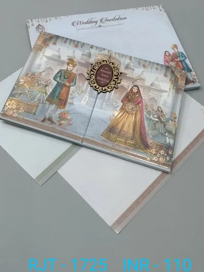 This gate-fold invitation features a royal couple, with a wooden emblem for the names. The design is both traditional and interactive, creating a memorable experience for your guests.