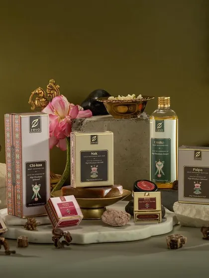 A full product line showcase we shot for Zeva, an ayurvedic beauty brand. This image demonstrates our ability to style and shoot a large collection, creating a cohesive and luxurious brand world with intricate props and balanced composition.