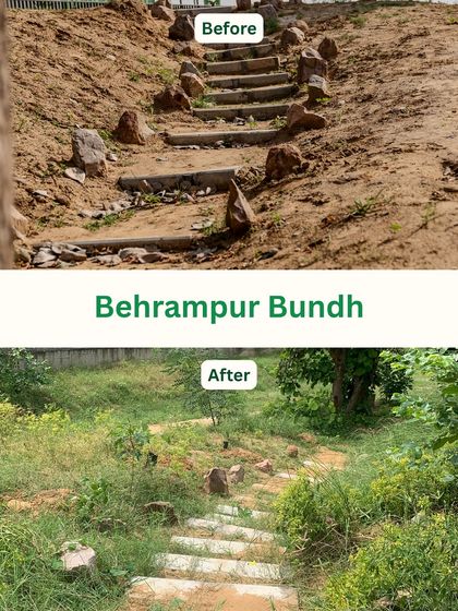 At Behrampur Bundh, rough, eroded steps made of loose stones are replaced with properly constructed, stable stairs. This not only improves access but also prevents further soil erosion on the bundh's slopes.