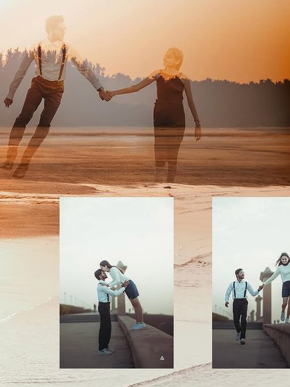 An artistic collage using double exposure to blend a walking shot with other romantic moments from a pre-wedding shoot.