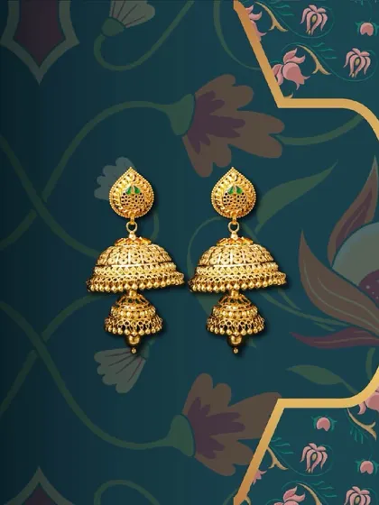 Our festive essentials for this season. These gold jhumkis with green stone accents are a classic design that will be cherished for years to come.