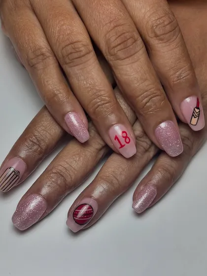 The full cricket-themed set, including a bat, ball, and the number 18. A perfect example of how we can personalize a manicure for a special occasion like a birthday.
