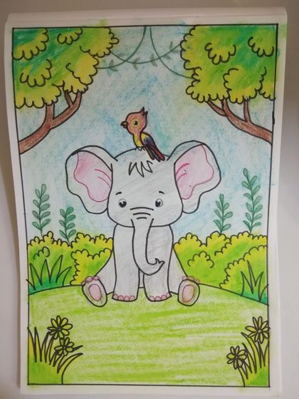 A sweet drawing of a baby elephant and a bird, from one of my junior students.