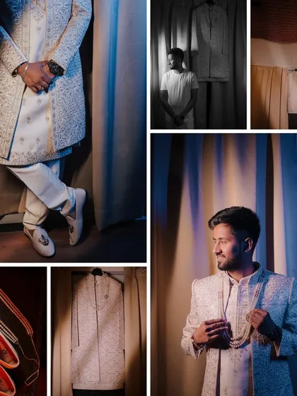 A detailed look at the groom's royal attire. This collage showcases his elegant sherwani, custom shoes, and pearl necklace, capturing the effort that goes into his wedding day look.