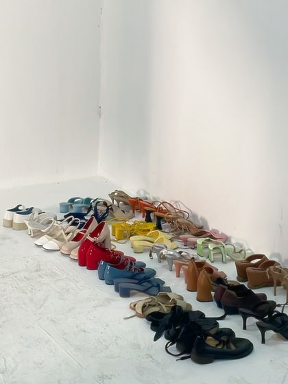 The shoe wall. A crucial part of any shoot is having a wide variety of options ready. This is a look at the shoe selection for a multi-look campaign.