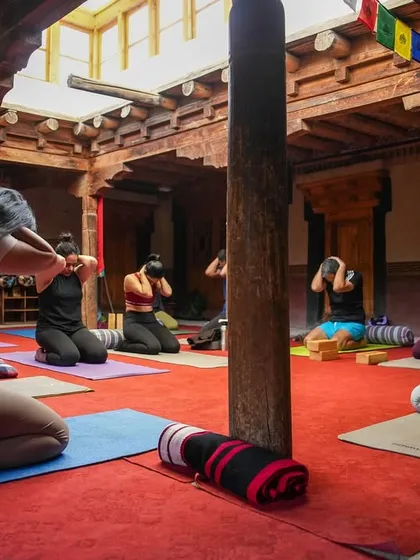 A moment of quiet preparation and breathwork during our Ladakh retreat. We start each session by centering ourselves, connecting to the breath and the space.