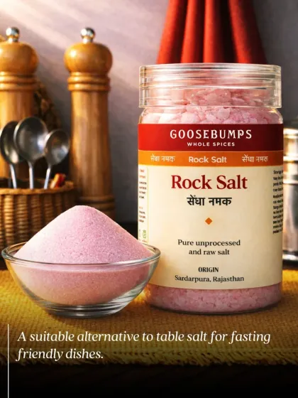 My Rock Salt, or Sendha Namak, is a pure, unprocessed alternative to table salt, sourced from Sardarpura, Rajasthan. It is the perfect seasoning for all your fasting-friendly dishes.