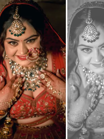 A diptych of Ishita, with one color and one monochrome portrait, showcasing her joyful expression and the intricate details of her jewelry.