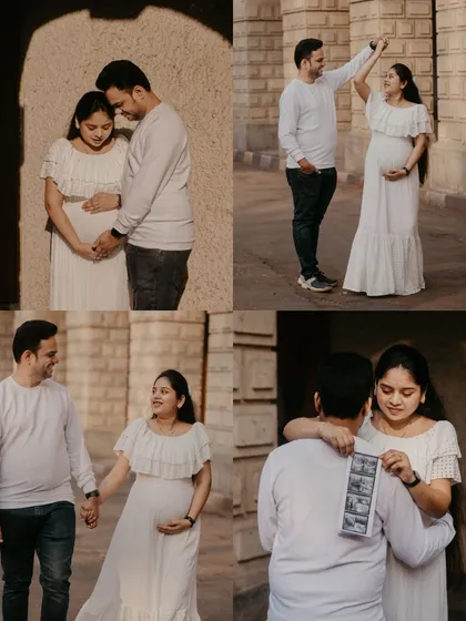 A four-photo collage capturing different romantic and sweet moments from an outdoor maternity shoot.