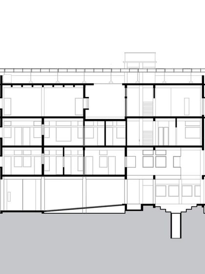 A detailed cross-section of the four-story ASA Office in Bhopal. The drawing shows the elevated ground floor, the deep overhangs for shading, and the layout of the collaborative workspaces on each level.