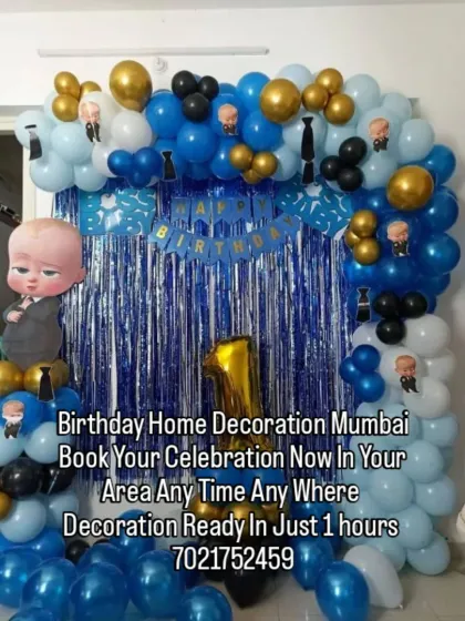 Who's the boss? This Boss Baby themed decoration is perfect for your little one's birthday. I used blue, white, and gold balloons with a blue shimmer curtain and character cutouts to create this fun setup at home.