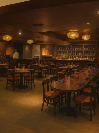 An illustrated view of our warmly lit restaurant, Monsoon. The artwork captures the cozy and inviting atmosphere we've created for intimate dining experiences.