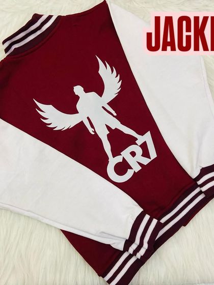 The back of our CR7 varsity jacket, showing the iconic silhouette. It's the perfect gift for a young football fanatic.