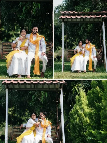 A collage of the couple enjoying quiet moments on a swing during their Haldi day. These shots show the relaxed and happy side of the wedding celebrations.