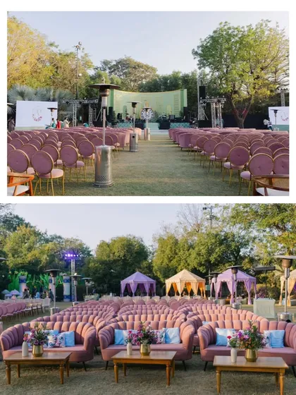 An overview of the outdoor seating for the Mehndi, with comfortable sofas and tents arranged for a relaxed and festive gathering.