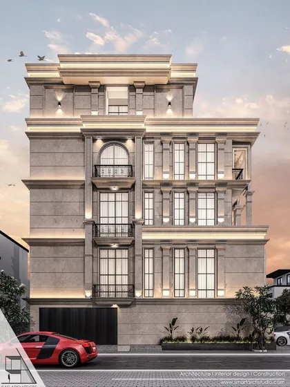 A frontal view of the same restrained neoclassical proposal, emphasizing its clean symmetry and understated detailing.