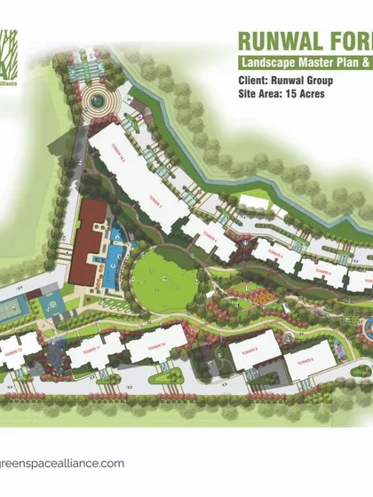 Our master planning capabilities are foundational to creating successful large-scale communities. This landscape master plan for the 15-acre Runwal Forest project illustrates our strategic approach to balancing high-density architecture with extensive green cover, ecological corridors, and a full spectrum of residential amenities.