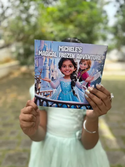 Here is a custom 'Frozen' adventure book I created, held up proudly. I transform your child's photo into a beautiful illustration that fits right into the story, making them the star alongside characters like Anna.