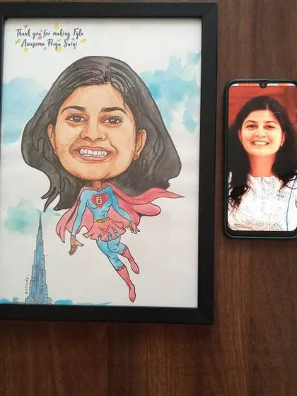 We turn your colleagues into superheroes! This is a great example of a fun, themed caricature we created for a corporate client to recognize an awesome employee.