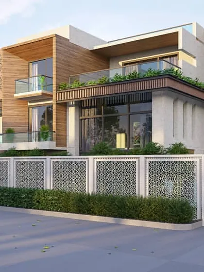 From the sketch to the screen. This is the photorealistic 3D render of the initial concept, showing the final design with materials, lighting, and landscaping during the day.