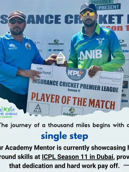 Our mentor Shivam Sharma receiving the Player of the Match award in Dubai. We believe in learning from coaches who are still active players and understand the modern game.