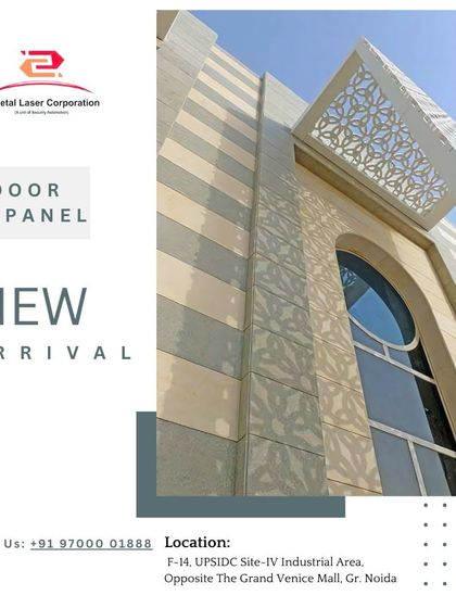An exterior view of a modern building facade featuring a large outdoor jali panel. This shows the application of our work in architecture, adding both decorative flair and a layer of screening.