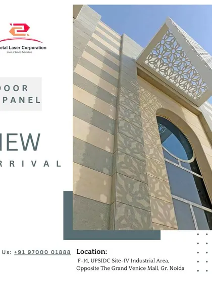 An outdoor jali panel used as a facade on a modern building. The intricate pattern adds a decorative layer to the exterior, showcasing how our work can be applied on a large architectural scale for both commercial and residential projects.