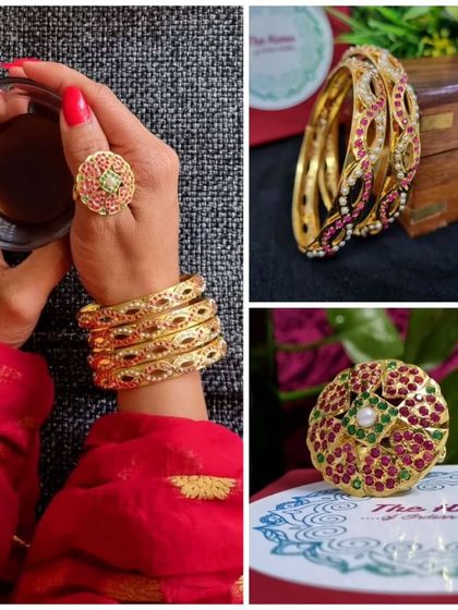 A collage featuring my Jadau cocktail ring and bangles. This shows how you can pair my rings with other wristwear for a complete look.