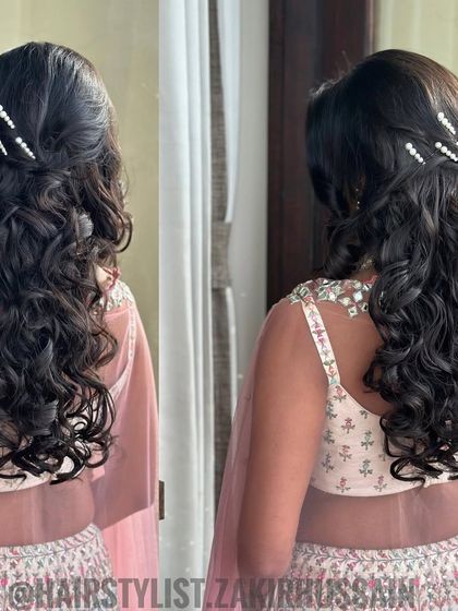 A dual-angle view of the half-up style with tight curls, showing the volume and texture.